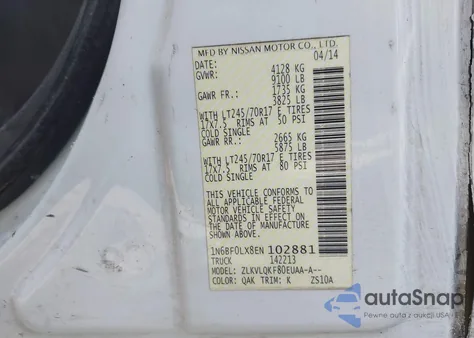 2014 Nissan Nv Cargo Nv2500 Hd S V6 z USA, uszkodzony, nr VIN 1N6BF0LX8EN102881